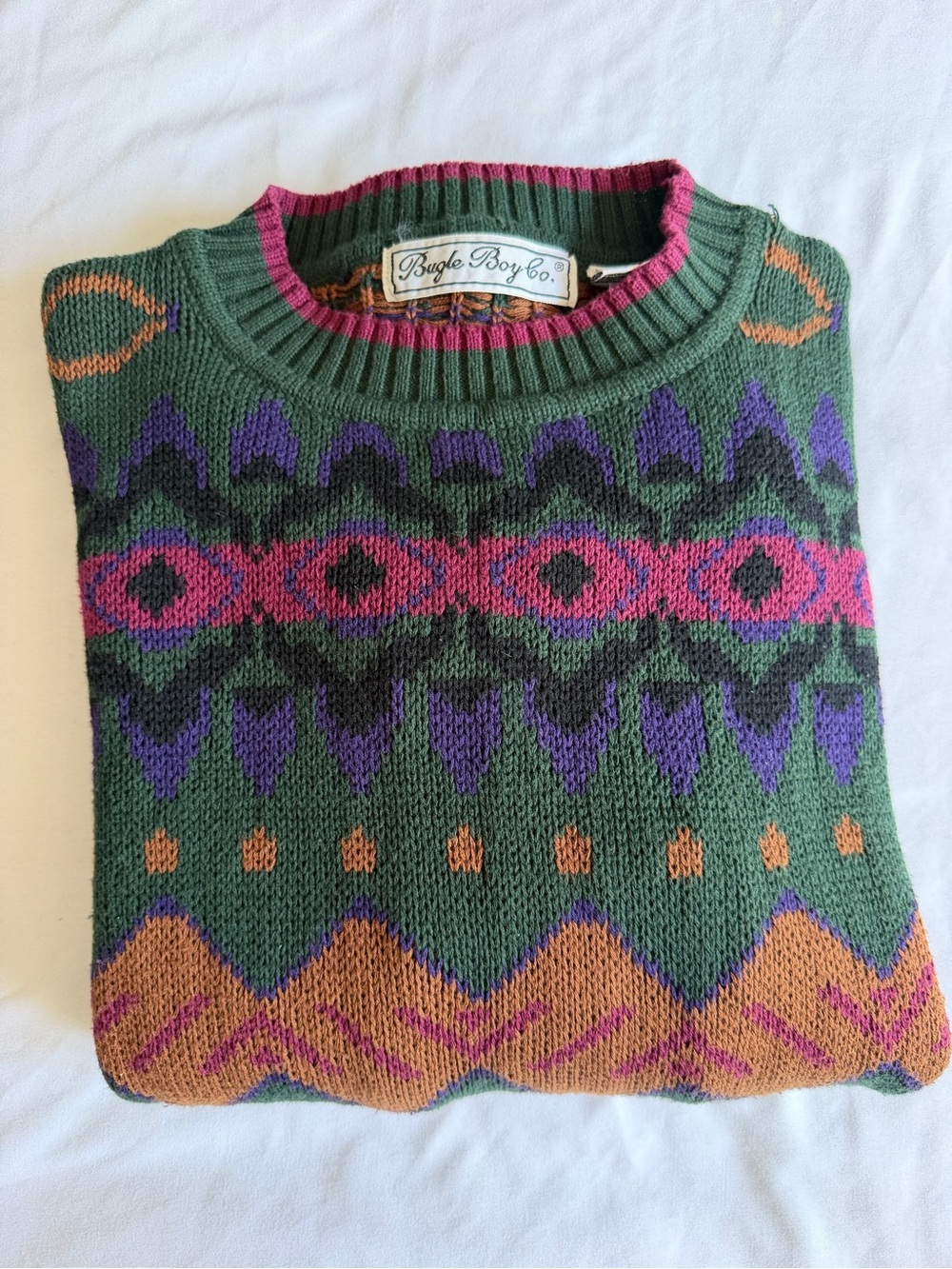 VTG 90s Bugle Boy Green Pattern 100% Cotton Crew Neck Grandpa Sweater
